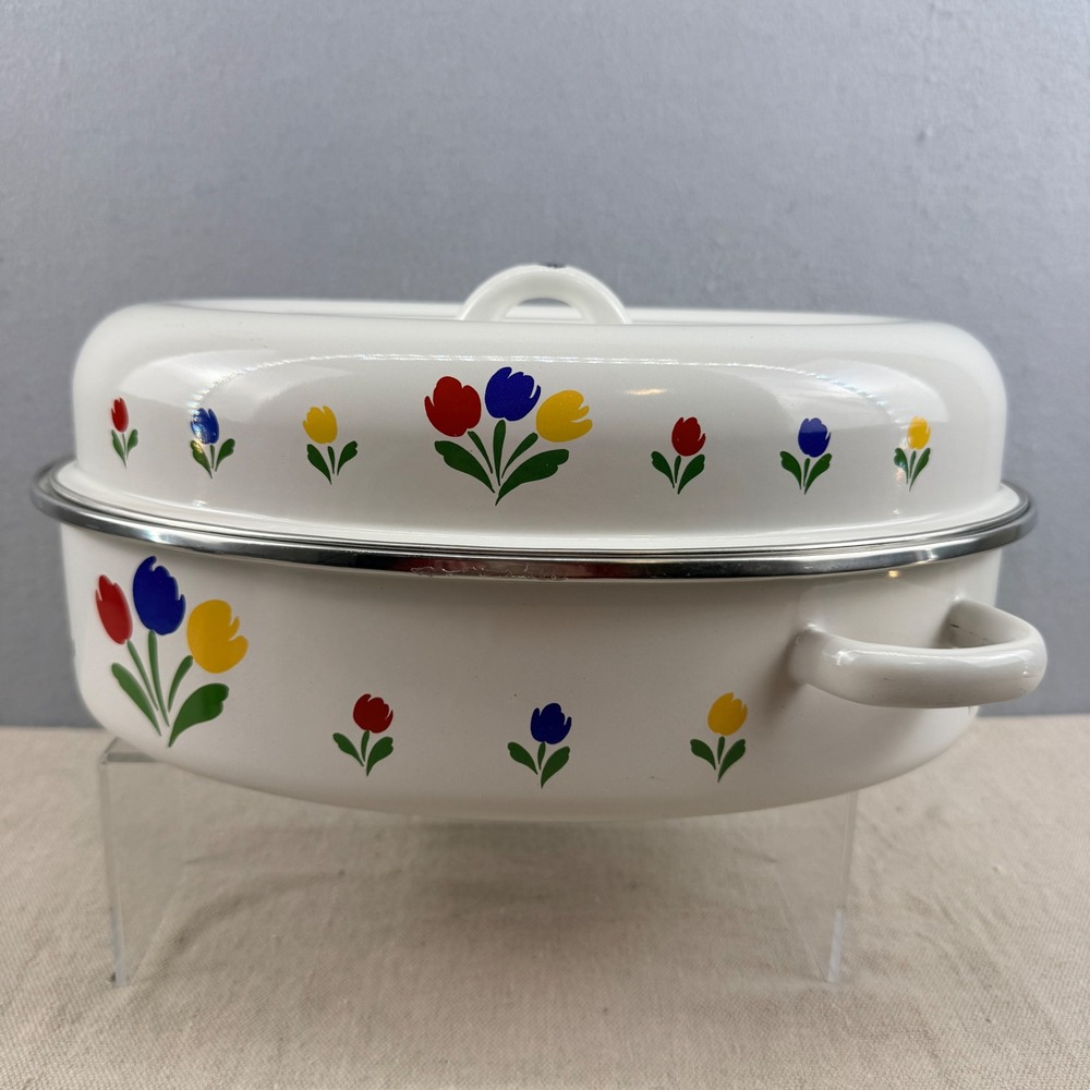 Vintage Floral Enamelware Roaster Pan‎ Tulip Cottagecore Farmhouse White 11"